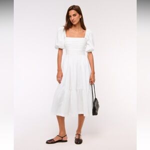 Abercrombie & Fitch White Square-Neck Midi Dress with Puff Sleeves